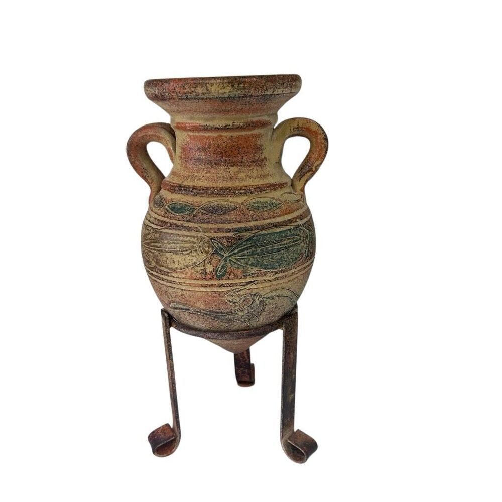Vtg Ceramic Amphora Vase with Metal Stand 9.5" Tan Pottery Vessel Tribal Motif